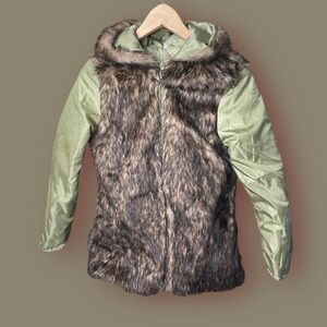 Lightweight Faux Fur Jacket with Olive Green Nylon Sleeves – Street Style Chic